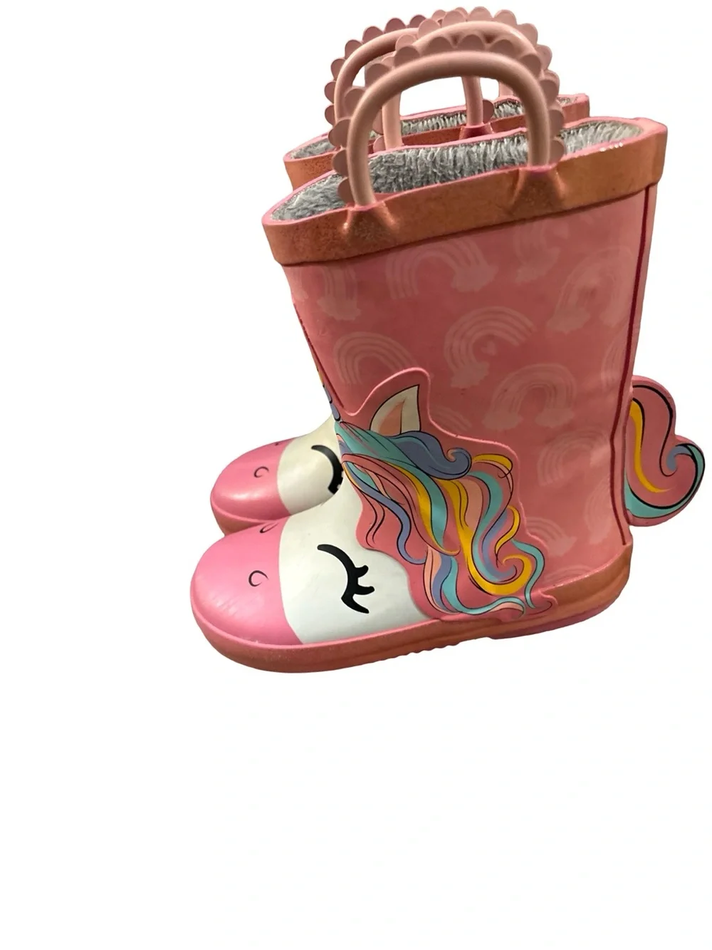 Kids Pink Sherpa Lined Unicorn Rain Boots with Rainbow Details Size 9-10